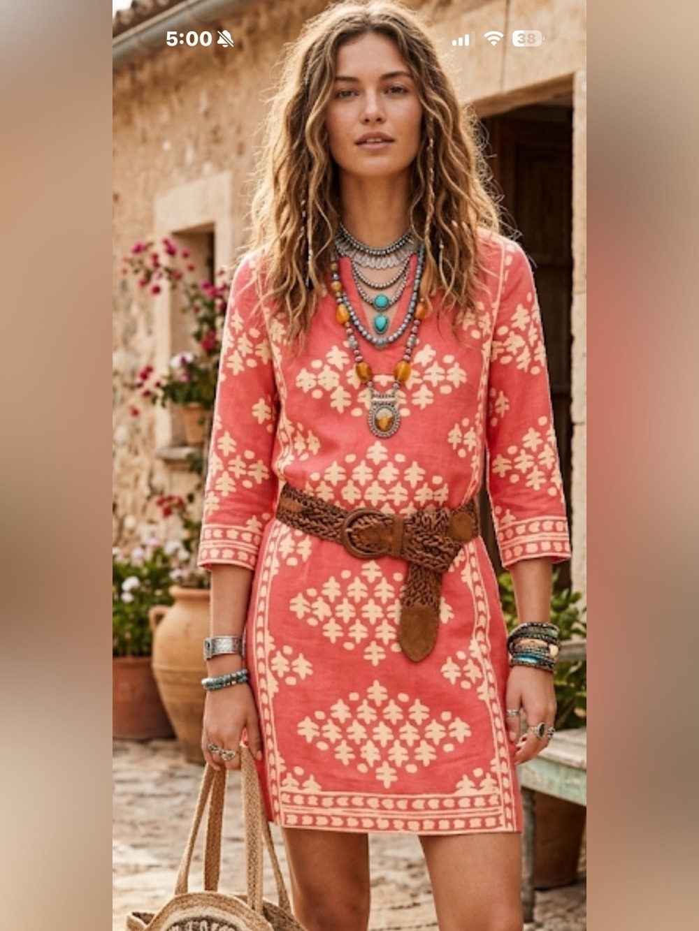 J.Crew Java Tunic Shift Dress Coral Cream Printed V-Neck 3/4 Sleeve Size 00